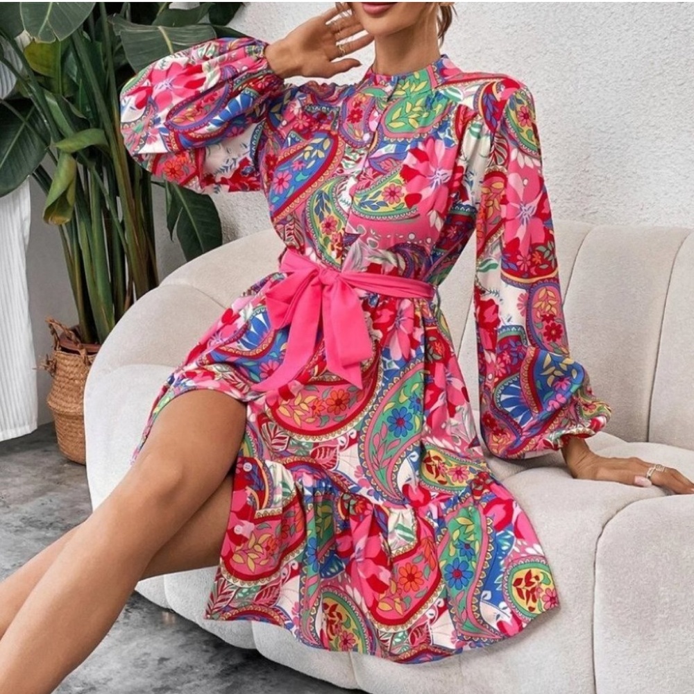 Pink Paisley Print Lantern Sleeve Ruffle Hem Belted mini Dress